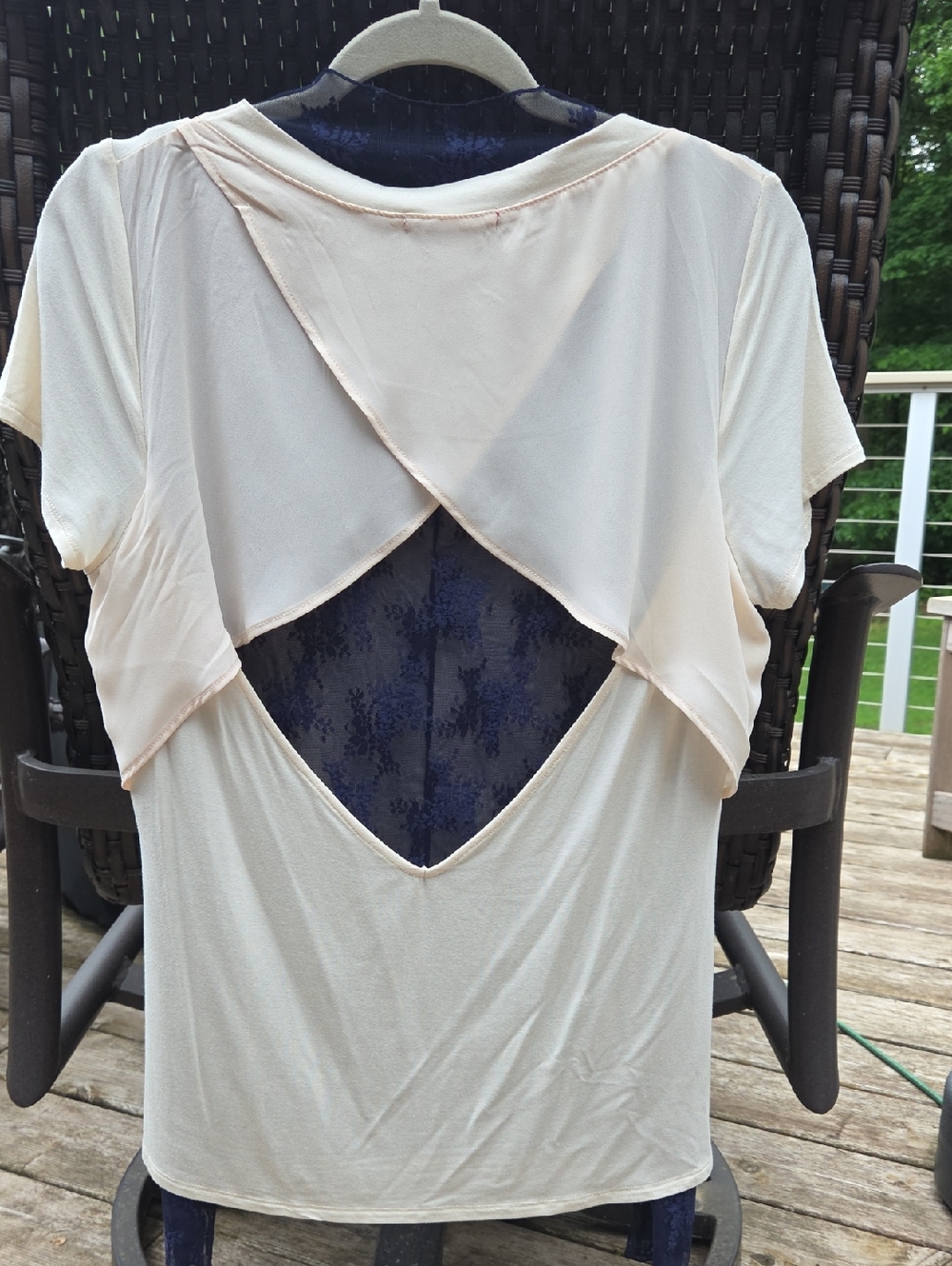 NWOT Red Bar Cream Draped Open Back Bamboo Short Sleeve Top Sz. S